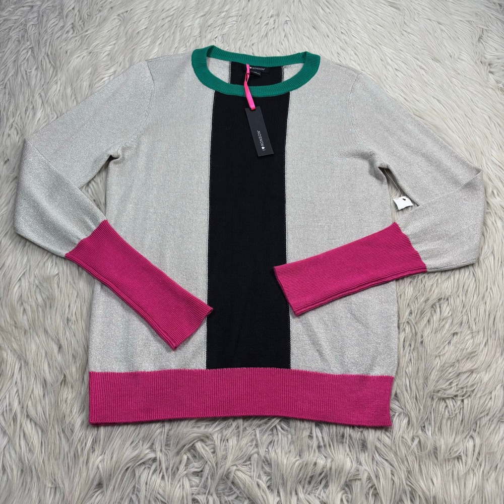 NWT I Heart Ronson Women's M Glitter Knit Colorblock Crew Sweater Artsy Dopamine